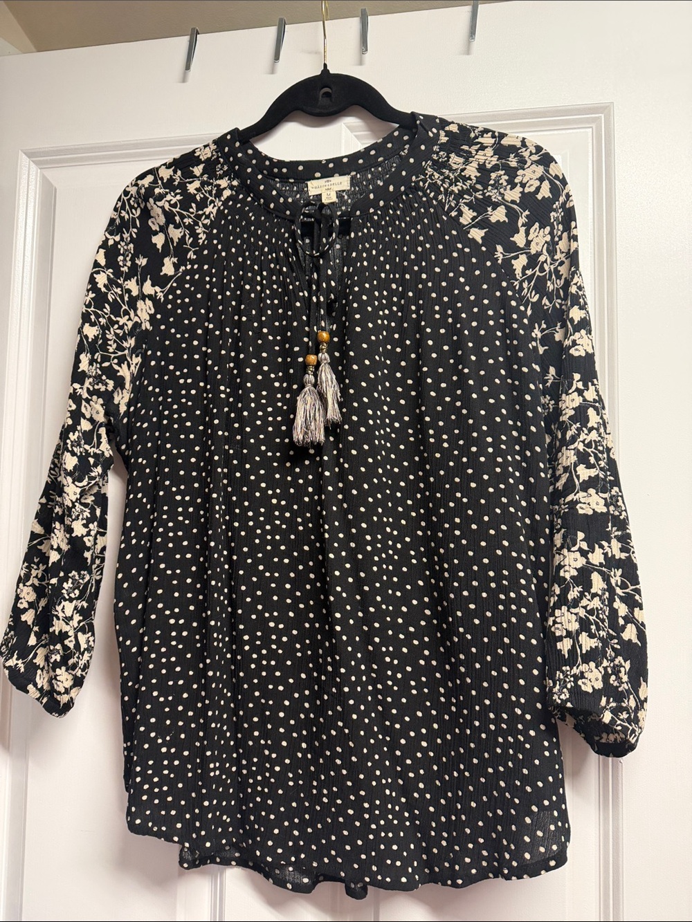 Stitch Fix Mason & Belle Polka Dot & Floral Tassel Peasant Blouse - Black/Cream